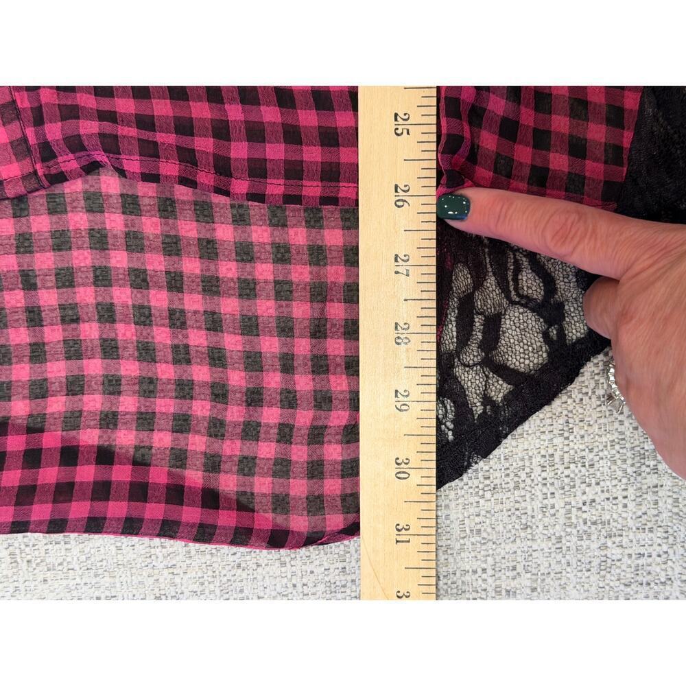 Torrid Women's Pink Black Gingham Tie Back Lace Trim Sheer Boho Top Size 0 Large - Picture 10 of 10